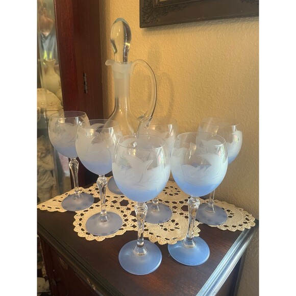 Beautiful Frosted Blue Etched Decanter and Wine Glasses - Picture 1 of 12